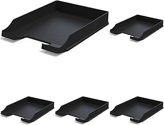 Bandejas portadocumentos tamaño A4 Negro - Organizador Escritorio apilable - Bandeja plástico para Oficina - Archivador Papeles - Cestas de Correo - 35x25x5,2 cm (Paquete de 5)