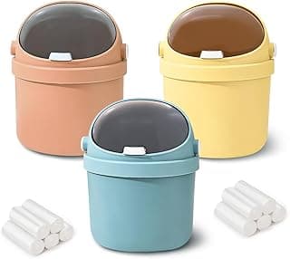 MOAMUN 3 Piezas Mini Papelera Escritorio con 200 Bolsas Basura, 21x14cm Bonito Cubo Papelera Oficina con Tapa Volteable, Duradero Cubo Basura Pequeño para Oficina Casa Cocina Dormitorio Tocador Buró