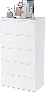 FOREHILL Cajonera con 5 Cajones, Sinfonier, Mueble Cajonera, Cómoda Dormitorio, Mueble Almacenaje Madera, para Salón, Blanco, 55x33x100cm