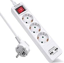 EXTRASTAR Regleta Enchufe con 3 Tomas y 2 Puertos de USB, Alargador Enchufe con Interruptor, 1.5 m, para El Hogar, La Oficina y Los Viajes, 3680W, Blanco, 1pc