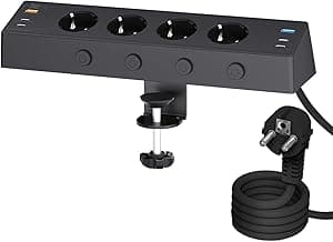 Toma de Mesa con USB C, Regleta Enchufes Proteccion Sobretension,Regleta 4 Enchufes con Conmutable Individualmente,Enchufes Multiple con Dispositivo de Sujecióncon y Cable 2M para Oficina,Negro