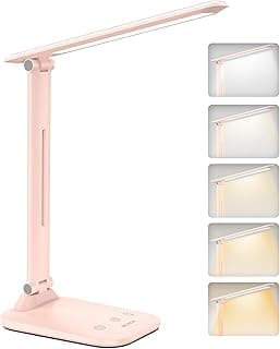 BICKON Lampara Escritorio Led, 5 Modos y Luminosidad Ajustable Lámpara Escritorio Cuidado Ocular con USB, LED Escritorio Plegable & Portátil, Función de Memoria, Temporizador