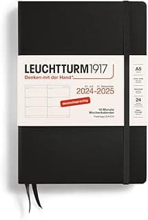 LEUCHTTURM1917 370625 Agenda semanal 2025, tamaño mediano A5, tapa dura, planificador de 18 meses, 80 g, rayado, negro