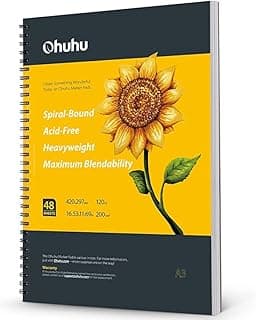 Cuaderno de dibujo artístico A3, Ohuhu Bloc Dibujo, fácil de transportar 200GSM Hojas de dibujo liso, 60hojas/ 120 páginas, encuadernado en espiral, para rotuladores a base de de alcohol, 22,5 x 21cm
