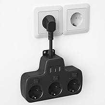 Regletas Enchufes USB C, Ladron Enchufes con Interruptor, Enchufe Múltiple USB con 3 Enchufes Schuko 3 Puertos USB, Adaptador Enchufe Pared con Interruptor Individual 0.1M Cable Corto, Negro