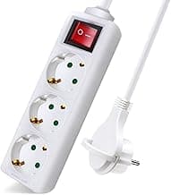 EXTRASTAR Regleta Alargador con 3 Enchufes e Interruptor, Cable 1.5M Clavija Plana, para el hogar, Oficina y Viajes, 16A, 250V, 3680W, Blanco