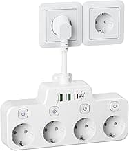 Regletas Enchufes Proteccion Sobretension Pared con USB C(PD 20W), Ladron Enchufes con Interruptor, Regleta 4 Enchufes Conmutable Individualmente, Base Enchufes Multiple,Blanco