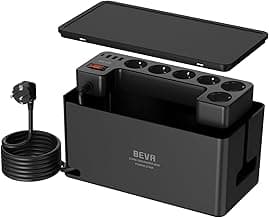 Regleta Enchufe con Caja Organizadora de Cables, BEVA Caja para Cables, Ladron Enchufe con 3 USB-A y 1 USB-C, Regleta Protección Sobretensiones, 2M Cable, 3680W 16A, Negro