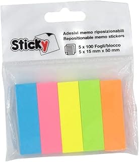 Sticky - Marcapáginas de papel, hojas adhesivas de colores, formato 15 x 50 mm, 5 blocs de 100 hojas adhesivas, 500 pestañas adhesivas, colores flúor surtidos azul-amarillo-rosa-naranja-verde