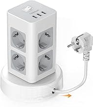 TESSAN Regleta Enchufes con Cable Telescópico, Torre Enchufes Vertical 8 Tomas de CA Corrientes y 3 USB, Alargador 2 Metros, Regleta USB con Interruptor Gris para Mesa, Oficina, Casa