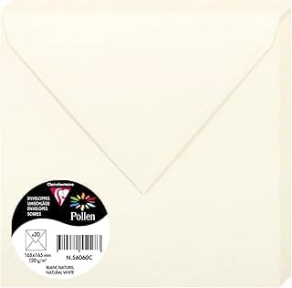 Clairefontaine 56060C - Paquete de 20 Sobres Engomados - Formato Cuadrado 16,5x16,5cm - 120g/m² - Color Blanco Natural - Invitaciones a Eventos y Correspondencia - Gama Pollen - Papel Premium
