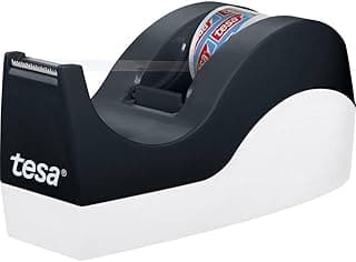 tesa EasyCut® ORCA - Dispensador de Cinta Adhesiva - Dispensador con Base Antideslizante para Mesas y Escritorios - Incluye 1 Rollo de Cinta tesafilm® 10m x 19 mm - Negro y Blanco