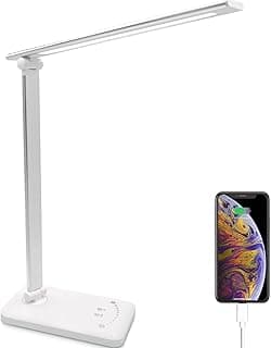 Lámpara Escritorio, USB Flexo LED con 5 Niveles de Brillo y 5 Modos, Temporizador de 30/60min, Cuidado Ojos, Función de Memoria, Control Táctil, Luz para Estudiar Infantil Blanco