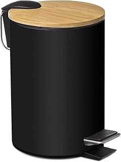 TIENDA EURASIA - Papelera de Metal con Tapa de Bambu, 3L, 17x22,5x23,5 cm, Cubo de Basura Pequeño Extraíble, con Pedal, Asa para Transportar, para Baño, Cocina o Escritorio, Negro