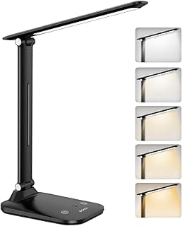 BICKON Lampara Escritorio Led, 5 Modos y Luminosidad Ajustable Lámpara Escritorio Cuidado Ocular con USB, LED Escritorio Plegable & Portátil, Función de Memoria, Temporizador
