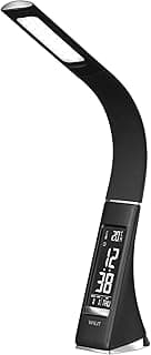 WILIT Lampara LED Escritorio, Luz Flexo Led Escritorio Efecto Cuero, Lámpara Multifuncional de Mesa Tactil con Pantalla Regulable, Despertador, Calendario, Pantalla de Temperatura, 3 Niveles de Brillo