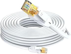 Elfcam® - 40m Cat7 RJ45 Cable de Red Ethernet, LAN/WLAN Cat 7 Par Trenzado Blindado SFTP 100% Cobre, Cable Redondo, Blanco (40M)