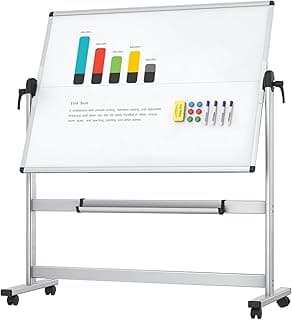 VIZ-PRO Pizarra blanca móvil magnética de doble cara 120x90 cm, con ruedas y marco de aluminio, para oficina y aula