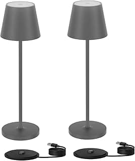 Klighten 2 Piezas LED Lámpara de mesa Recargable, Regulable Cálido color de luz 3000K Lámpara de escritorio de Carga USB, Cuerpo de Aluminio, Protección IP54, Gris Oscuro, para Exterior/Interior