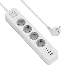 JSVER Regleta Enchufe,4 Puertos de USB(3 USB A+1 USB C) y 4 Tomas Regleta Proteccion Sobretension Enchufe Alargador Multiple Carga para iPad iPhone Tablets Cable 2m-Blanco