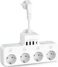 Regletas Enchufes con Interruptor Ladron Enchufes USB C Enchufe Multiple Adaptador con 4 Tomas y 4 USB, 4 Interruptor Independiente Alargador Enchufe Pared 5cm Cable Corto, Blanco