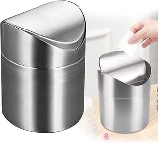 Mini Cubo de Basura de Mesa 1.5 L - Acero Inoxidable Con Tapa de Resorte - Papelera Pequeña Para Escritorio, Oficina, Baño, Cocina, Dormitorio (12 × 16 cm)