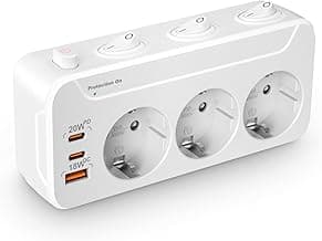 Ladron Enchufes con Interruptor Independiente,Enchufe Múltiple Pared,PD20W Regleta Enchufes Adaptador 3 Tomas,Horizontal Vertical Giratorio Ladrón Triple con Tierra 16A Proteccion Sobretension,Blanco