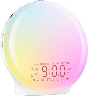 Despertador Luz Bluetooth,Reloj Despertador de Amanecer,Wake Up Light Simulación de Amanecer/Atardecer,17 Luces de Colores,2 Alarmas, 20 Niveles Brillo,22 Sonidos,Snooze Radio FM,Despertador Infantil