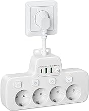 Regletas Enchufes con Interruptor,Ladron Enchufes USB C Adaptador Enchufe Multiple con 4 Tomas y 3 Carga Rápida USB,4 Interruptor Independiente alargador Enchufe Pared 0.1m Cable Corto,Blanco