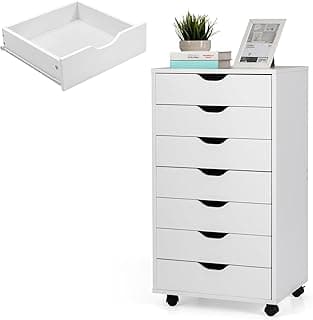 KOMFOTTEU Armario Archivador Móvil con 7 Cajones, Cajonera con 4 Ruedas Bloqueables, Cómoda Organizadora de Madera, Soporte para Impresora para Estudio, Oficina, Dormitorio, 48 x 40 x 88 cm, Blanco