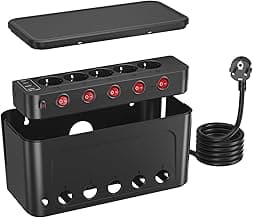 Caja Organizadora de Cables con Regletas Enchufes, Caja de Gestión de Cables con Enchufe Multiple, Regleta 5 Tomas con Interruptor Independiente, Caja para Cables con Ladron Enchufes USB C, Negro