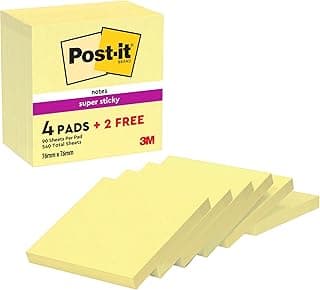 Post-it Super Sticky Notas, Canary Yellow, 76 mm x 76 mm, 90 hojas/bloc, 4 blocs/paquete + 2 GRATIS - Notas Extra Adhesivas para Listas de Tareas y Recordatorios