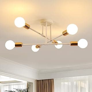 Goeco Lampara de Techo Industrial, 6 Luces E27 Plafon Sputnik Vintage, Lámparas Colgantes Retro para Dormitorio Salon, Pasillos, Blanco + Dorado, Ø 60 cm (No Incluidas Bombillas)