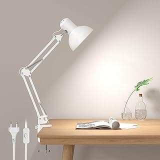 Lepro Lámpara Escritorio LED Industrial con Abrazadera Ajustable, Flexo LED Escritorio Metal Vintage 40W, Lámpara de Mesa de Noche para Cabecera, Estudio, Bombilla E27 No Incluida, Blanco