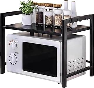 JSUDQR 2 Niveles Soporte Extensible para Horno de Microondas Negro Estanteria para Microondas en Acero al Carbono Organizador Estanteria para Encimera de Cocina con 5 Ganchos Longitud 40-60cm