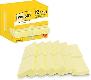 Post-it Notas Canary Yellow - Paquete de 12 Blocs, 100 Hojas por Bloc (38 mm x 51 mm) - Color Amarillo - Notas Autoadhesivas para Listas de Tareas y Recordatorios