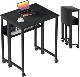 GreenForest Pequeño Escritorio Plegable con Estante de Almacenamiento y Ruedas,Mesa para el Ordenador, fácil de Montaje y Ahorro de Espacio para Officina,Negro