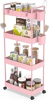 Ronlap Carrito de cocina con 4 niveles, con vaso, separador, gancho, estante con ruedas, para cocina, dormitorio, oficina, color rosa