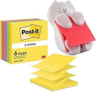 Post-It CAT-330 - Dispensador de notas, diseño Gato, color blanco (7,6 x 7,6 cm) + R-330-Nr - Notas Adhesivas, 6 Unidades, Multicolor (Arcoiris de Neón)