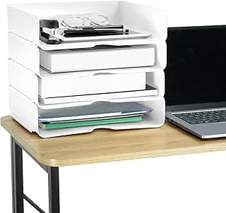QWORK® Bandejas archivadoras A4 apilables, Paquete de 4, Organizador de Escritorio, Organizador Papeles, Blanco