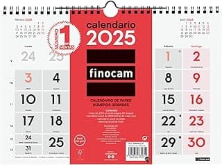 Finocam - Calendario Neutro de Pared Números Grandes 2025 Mes Vista Enero 2025 - Diciembre 2025 (12 meses) Español