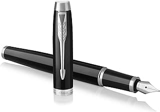 Parker IM pluma estilográfica | lacada en negro con adorno cromado | plumín mediano y recambio de tinta azul