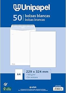 Unipapel - Sobres Papel Blancos 100g | 229x324mm | 50 Unidades | Tipo Bolsa | Tira Autoadhesiva Silicona Autodesk | Apertura Superior | FSC Documentos A4 sin Pliegues