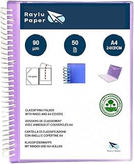Raylu Paper® – Carpeta clasificadora con anillas fundas transparentes A4 de 90 micras y sobre con cierre de velcro, tapa personalizable. Carpeta de fundas 100% biodegradable. (50 Fundas, Violeta)