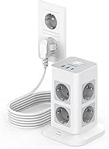 TESSAN Regleta Enchufes 3 Metros con Protección Sobretensione 3600W 16A, Torre Enchufes Vertical con 3USB y 8 Tomas, Regleta Alargador 3 Metros con Interruptor para Mesa, Oficina, Casa, Gris