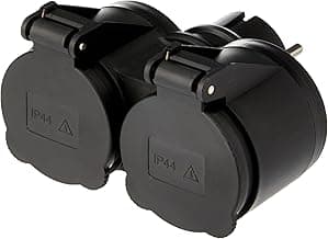 Electraline 55074, Adaptador para exteriores Schuko, Resistente al Agua IP44, alemán, Regleta 2 enchufe con Tapón, Negro, 1xPack