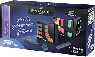 Faber-Castell 254603 Juego de 16 Subrayadores en un Elegante Organizador de Escritorio, Subrayadores Pastel, Metálicos y Neón con Punta Biselada de Precisión, Diseño Plano Ergonómico