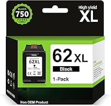 Tinta 62 XL Negro de Alta Capacidad- 750+ Páginas, Cartucho 62 Negro XL Reemplazo para HP 62, Tinta Impresora 62 Compatible con OfficeJet 200 250 5742 5740 Envy 7640 5540 5640 5544 5646 5548 5545 5547