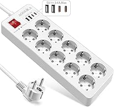 Regleta Enchufes con 10 Tomas,Regleta de Enchufes con Protección contra Sobrecargas y Interruptores,regleta USB con Montaje en Pared con Cable 1.5 M,4000W/16A Blanco