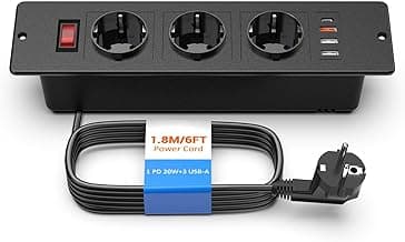 Ohuo Regleta de Enchufes Empotrables con PD 20W USB C, Regleta Enchufes Empotrable Mesa 3 Enchufes, Regleta Empotrable Negro con 3 USB-A y Tipo C